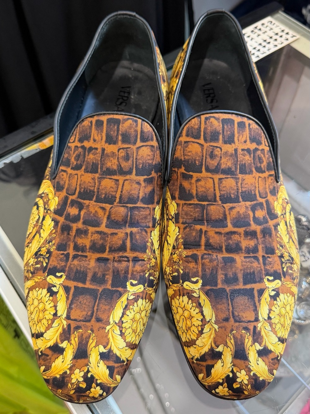 Versace Brown & Yellow Baroque Pattern Slip-On Loafers